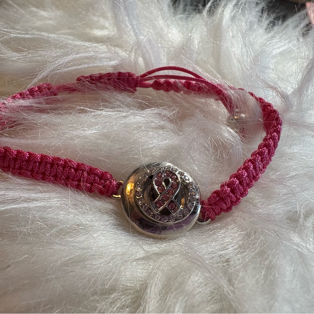Pink Braided Bracelet with Breast Cancer Ribbon Snap On